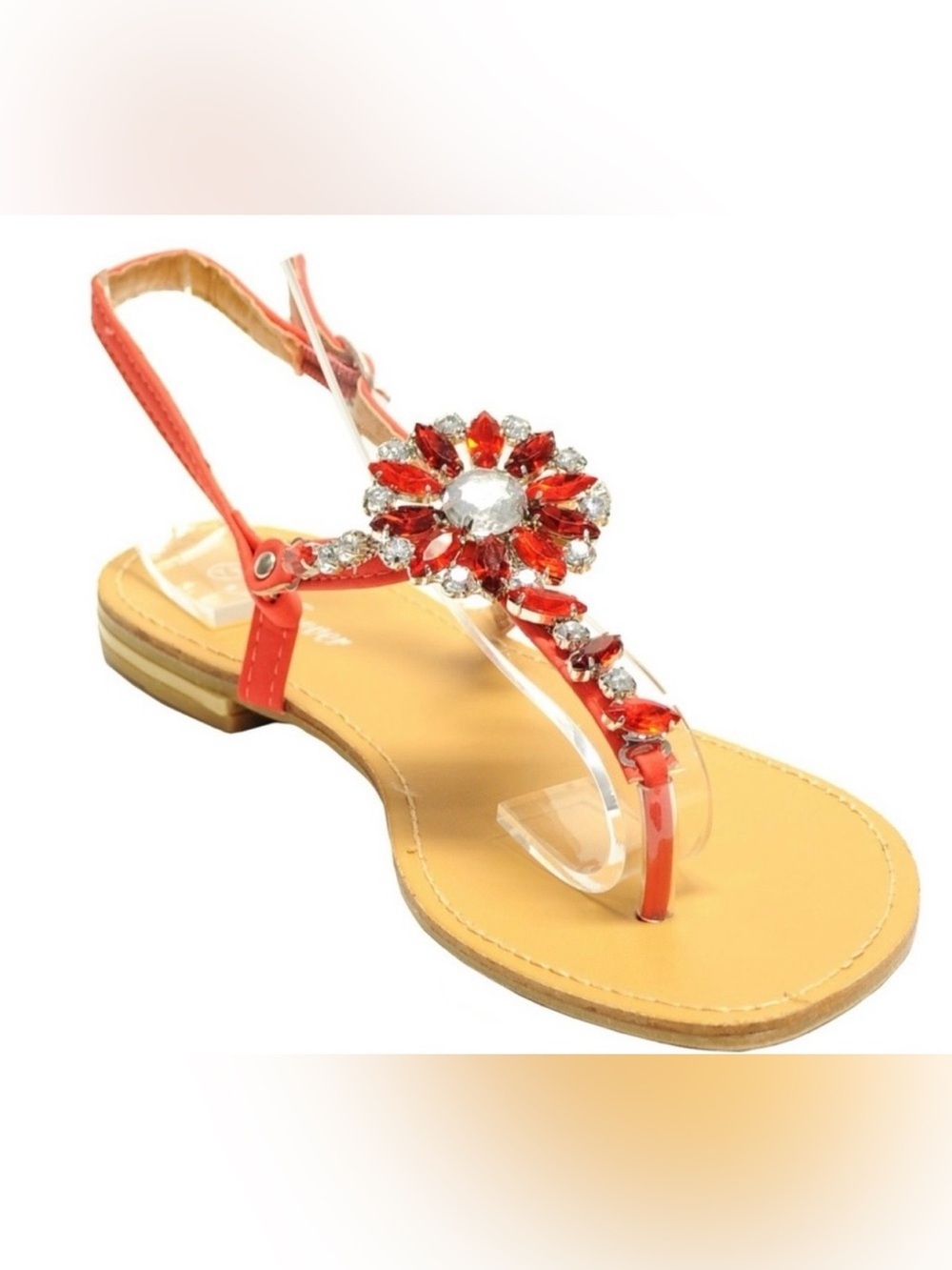 Coral Jeweled T-Strap Women's Sandals - Sleek Summer Flats - Picture 2 of 4